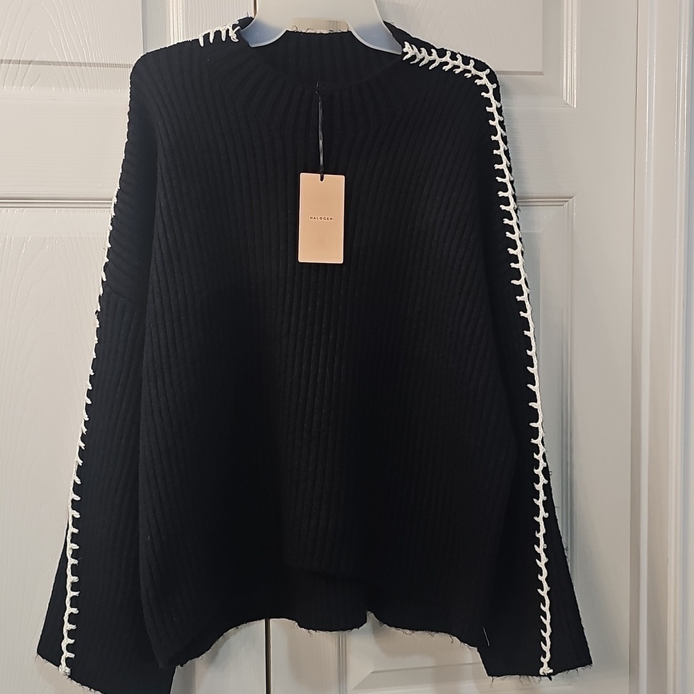 New Halogen Contrast Stitch Chunky Plush Thick Sweater BLK/White XL - Picture 6 of 14